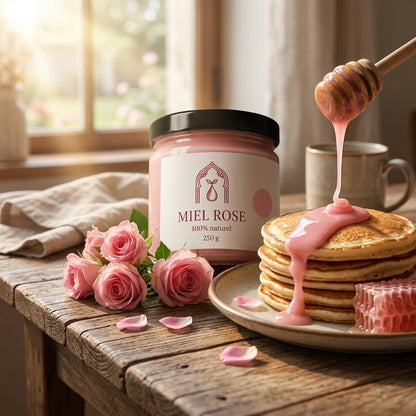 Pot de miel rose 250 g, miel rose sur pancakes, fleurs roses et pot en arrière-plan