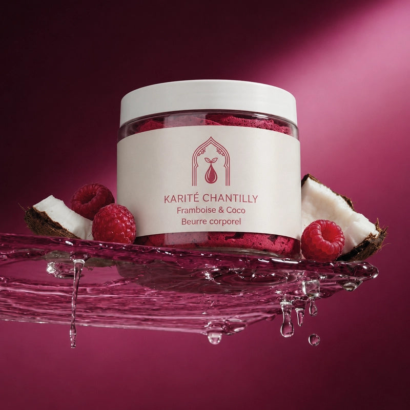 Pot de karité chantilly framboise-coco avec gouttes de crème rosée autour.