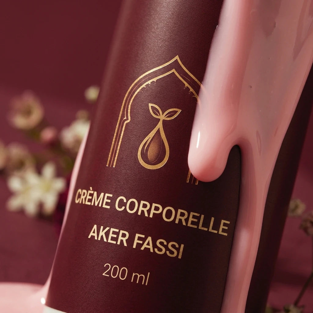 Gros plan de l’étiquette Crème corporelle Aker Fassi 200 ml sur flacon brun