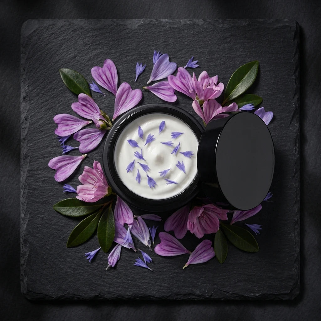 Pot de crème visage à la nigelle ouvert sur crème blanche, fleurs violettes et roses autour