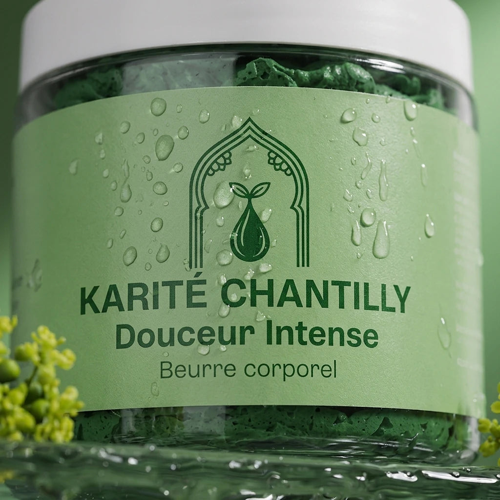 Pot de beurre corporel Karité Chantilly Douceur Intense, étiquette en gros plan.
