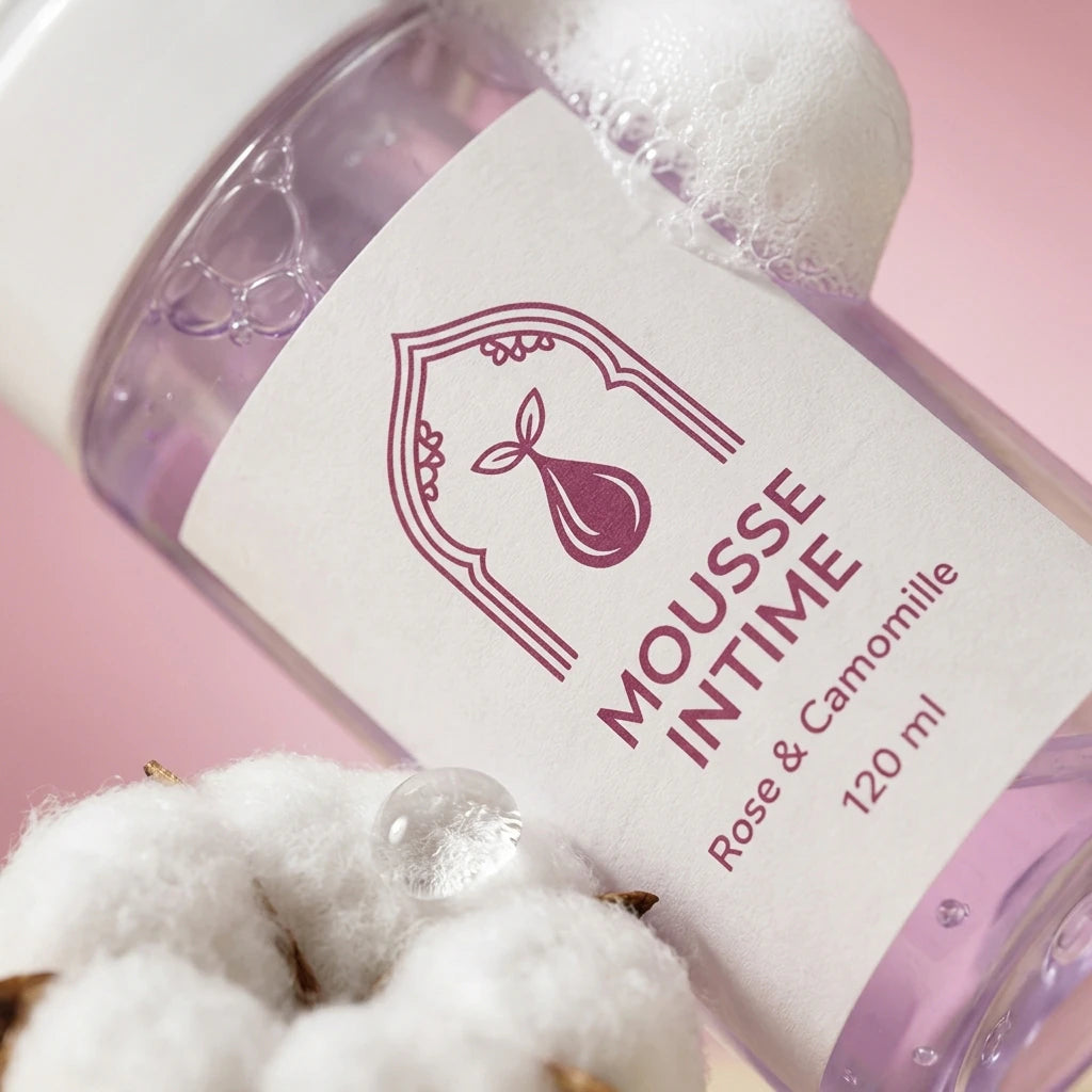 Mousse pour soins intimes, flacon pompe violet, 120 ml, Rose & Camomille