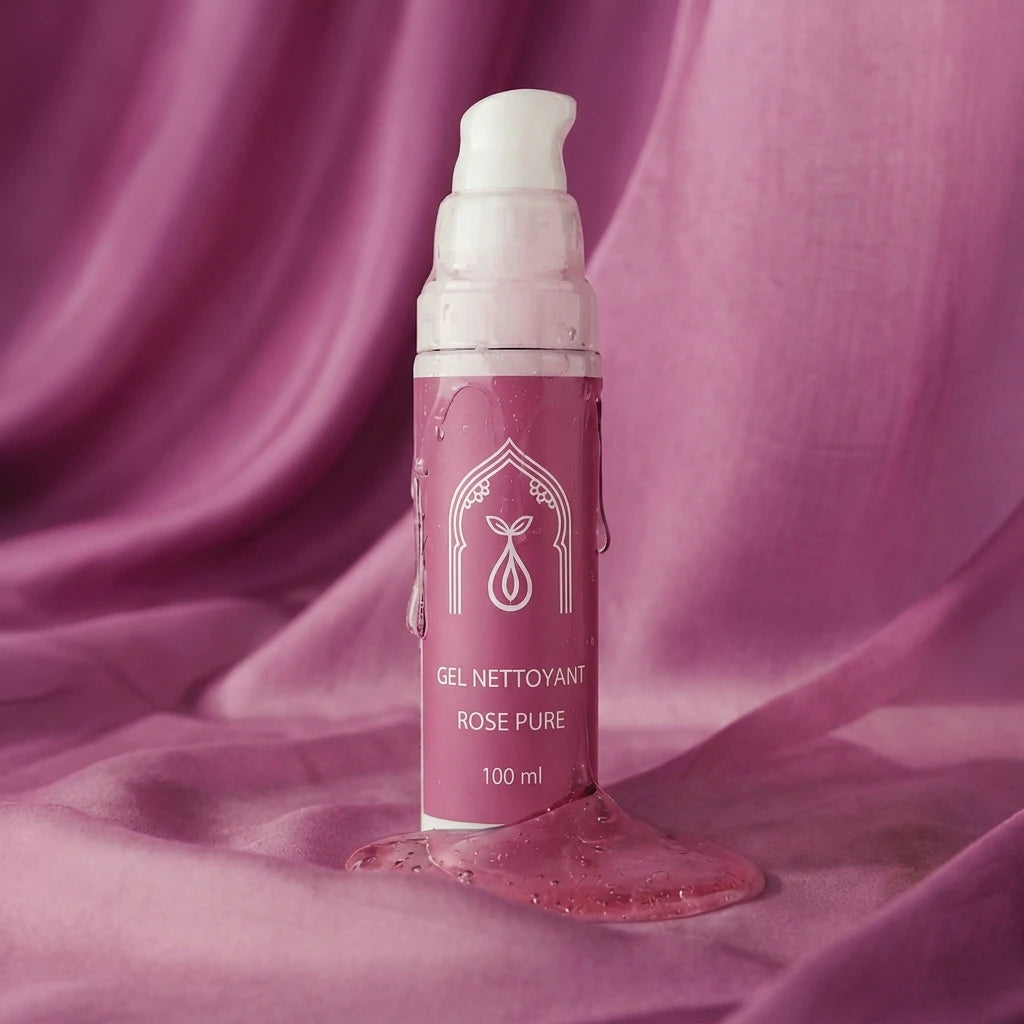 Flacon-pompe de gel nettoyant rose poudré, éclaboussure de gel au pied, bouchon blanc.