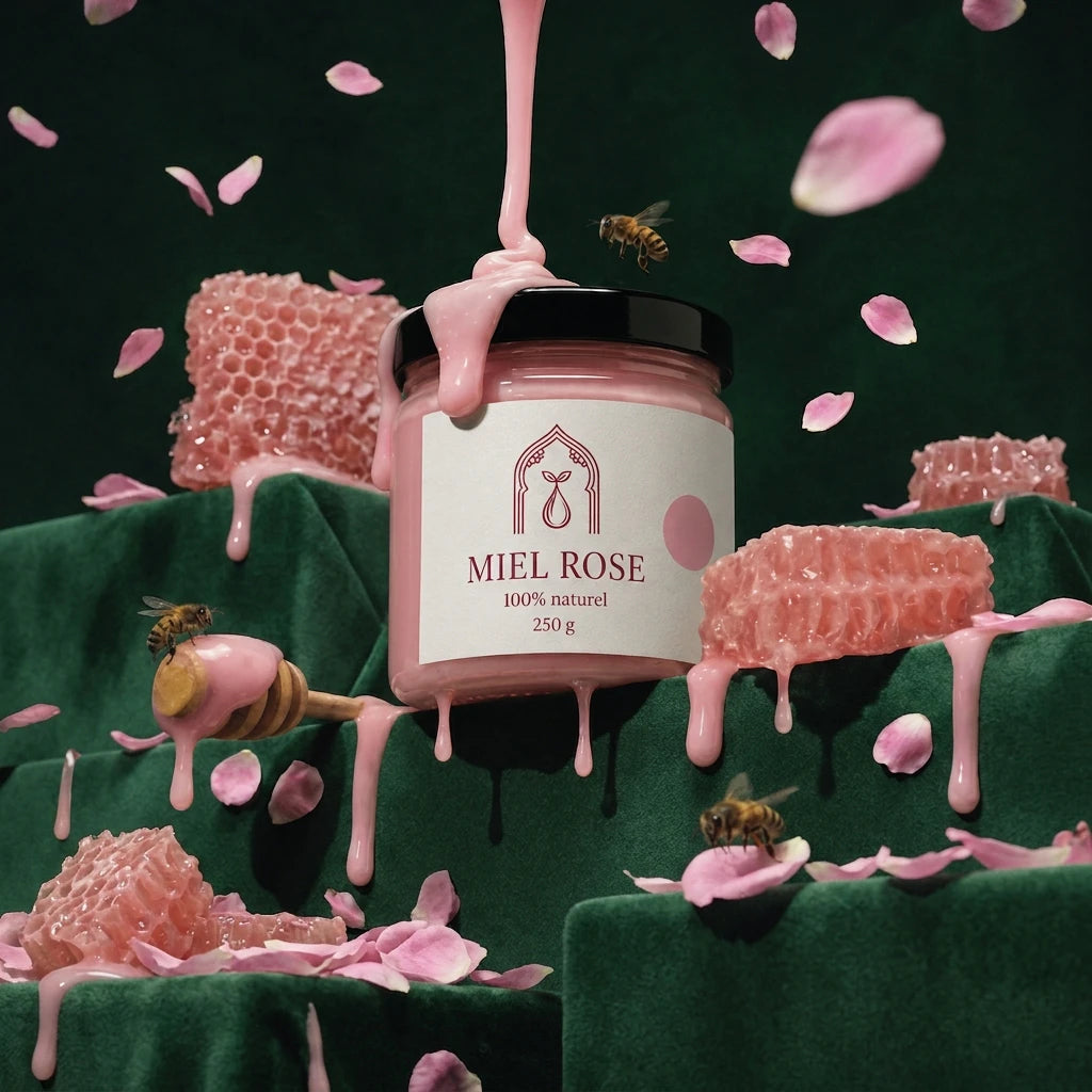 Pot de miel rose 250 g avec couvercle noir, miel rose qui dégouline et rayon de cire