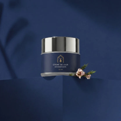 Pot de crème de jour hydratante fermé, couvercle argenté, étiquette bleue et texte visible