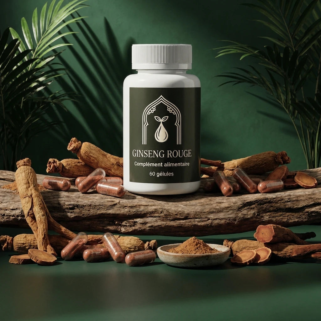 Bouteille de ginseng rouge sur bûche, gélules marron et poudre dans un petit bol.
