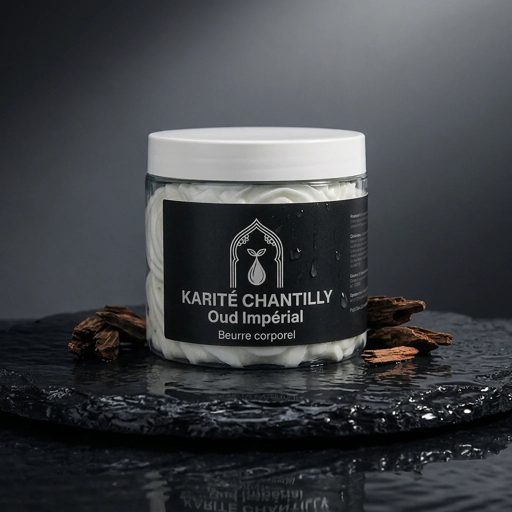 Pot de beurre corporel karité Oud Impérial, étiquette noire et couvercle blanc.