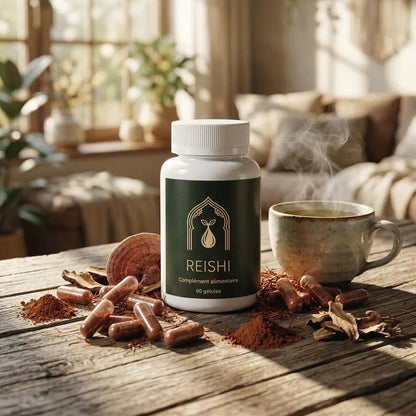 Bocal de gélules Reishi 60 avec tasse fumante et ingrédients autour