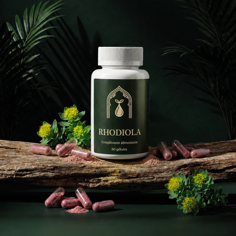 Flacon Rhodiola 60 gélules avec capsules roses, posé sur une bûche en bois.