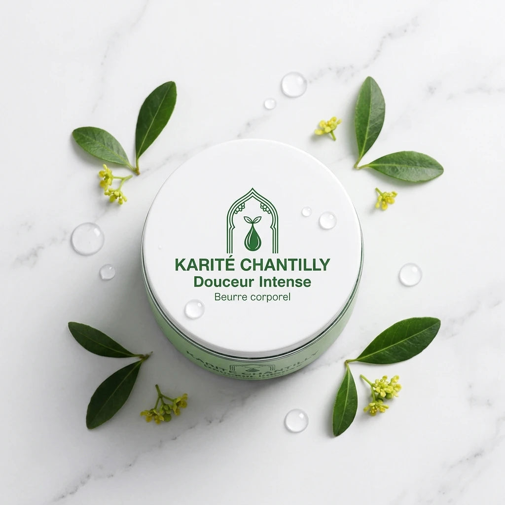Pot de beurre corporel Karité Chantilly Douceur Intense, couvercle blanc, feuilles vertes.