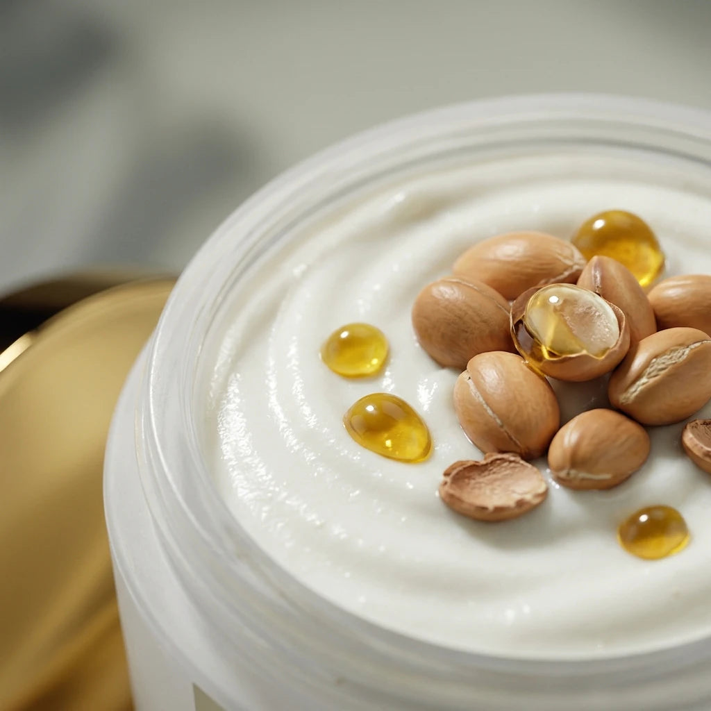 Godet de crème blanche lisse avec perles et gouttes, couvercle doré en arrière-plan