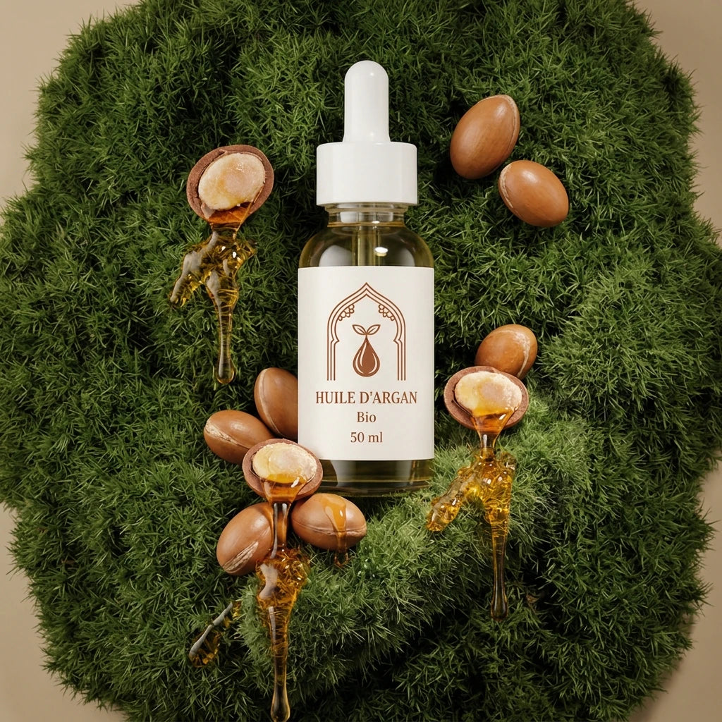Flacon d’huile d’argan bio 50 ml, pipette blanche, entouré de noix d’argan