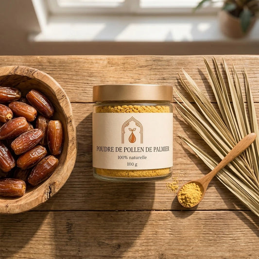 Pot de poudre de pollen de palmier en verre, couvercle doré et poudre jaune