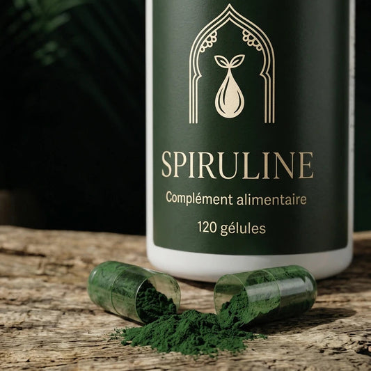 Bouteille Spiruline, compléments alimentaires, 60 gélules, étiquette verte.