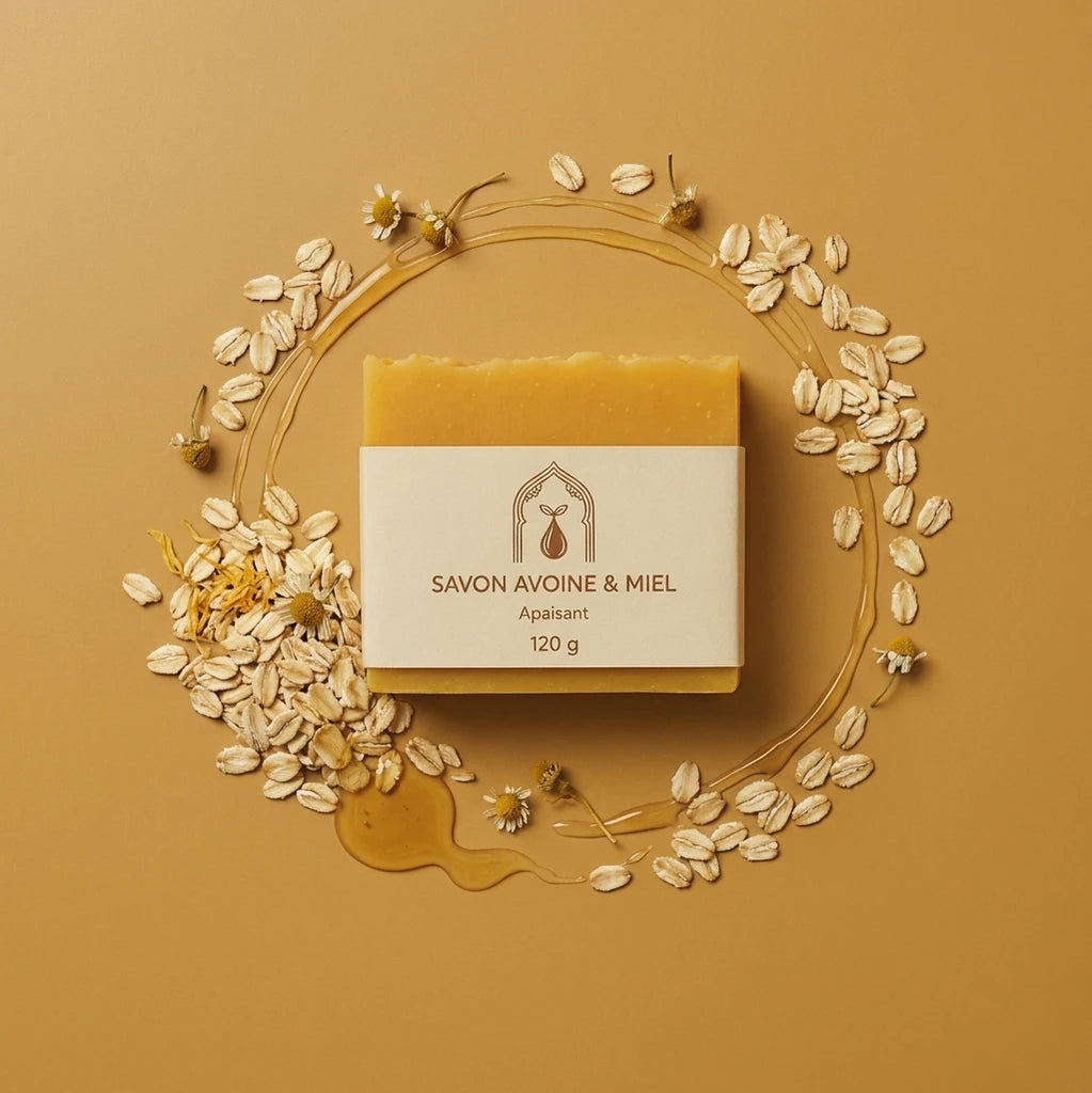 Savon solide à l’avoine et au miel, barre jaune dans son étui blanc 120 g