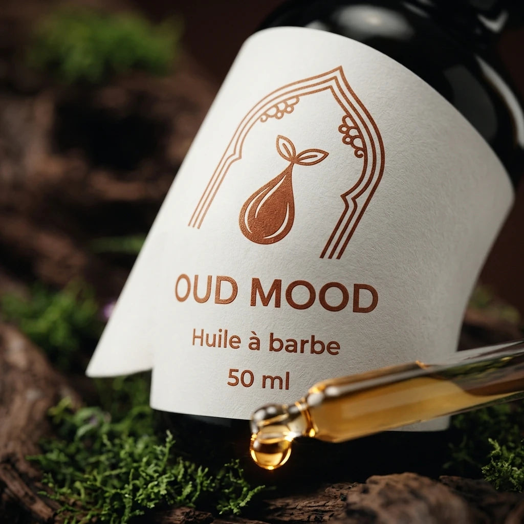 Huile à barbe Oud mood 50 ml : gros plan du flacon et compte-gouttes ambré