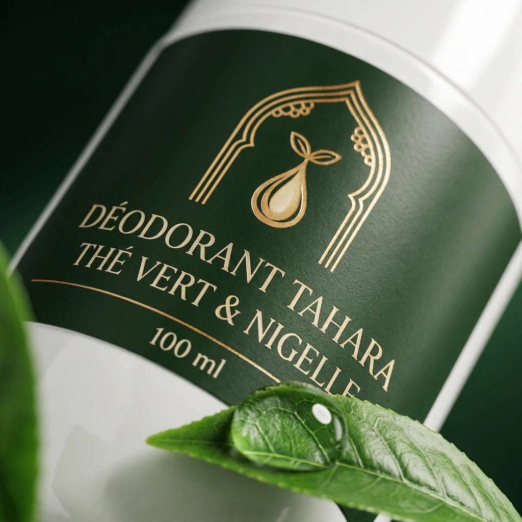 Flacon de déodorant Tahara, étiquette verte «Thé vert & Nigelle», 100 ml.