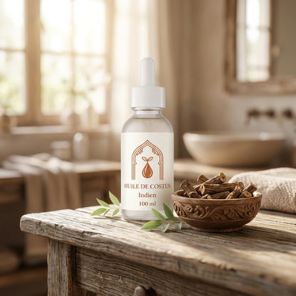 Flacon d’huile 100 ml sur plateau en bois, feuilles et bol de bois aromatique