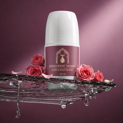 Stick déodorant Tahara flacon blanc, étiquette rose, avec éclaboussures autour, 100 ml