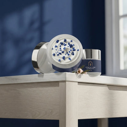 Pot de crème de jour hydratante ouvert : crème blanche parsemée de points bleus, couvercle argent
