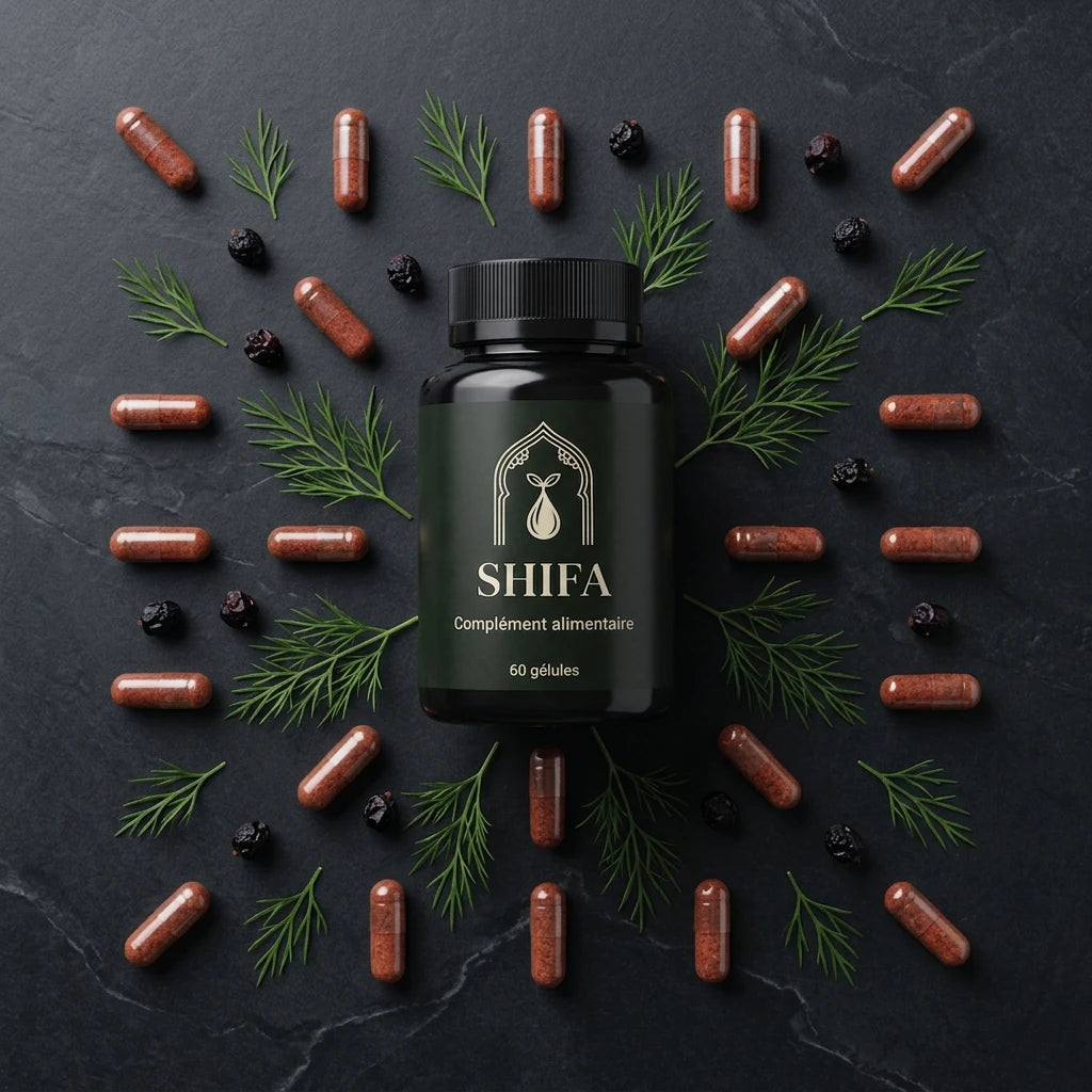 Flacon noir de compléments en gélules SHIFA 60, capsules brunes et baies noires autour.