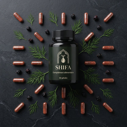 Flacon noir de compléments en gélules SHIFA 60, capsules brunes et baies noires autour.