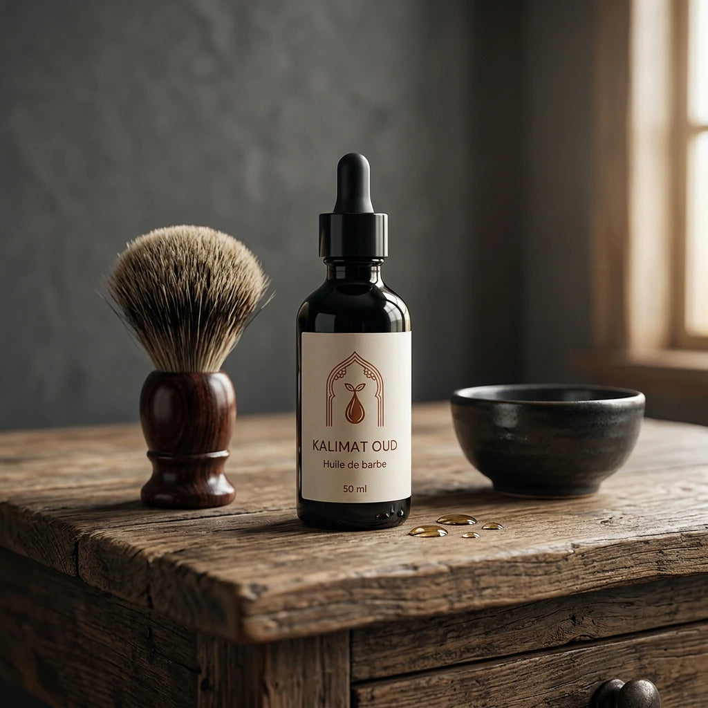 Huile à barbe Kalimat Oud en flacon noir avec pipette, étiquette beige