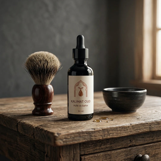 Huile à barbe Kalimat Oud en flacon noir avec pipette, étiquette beige