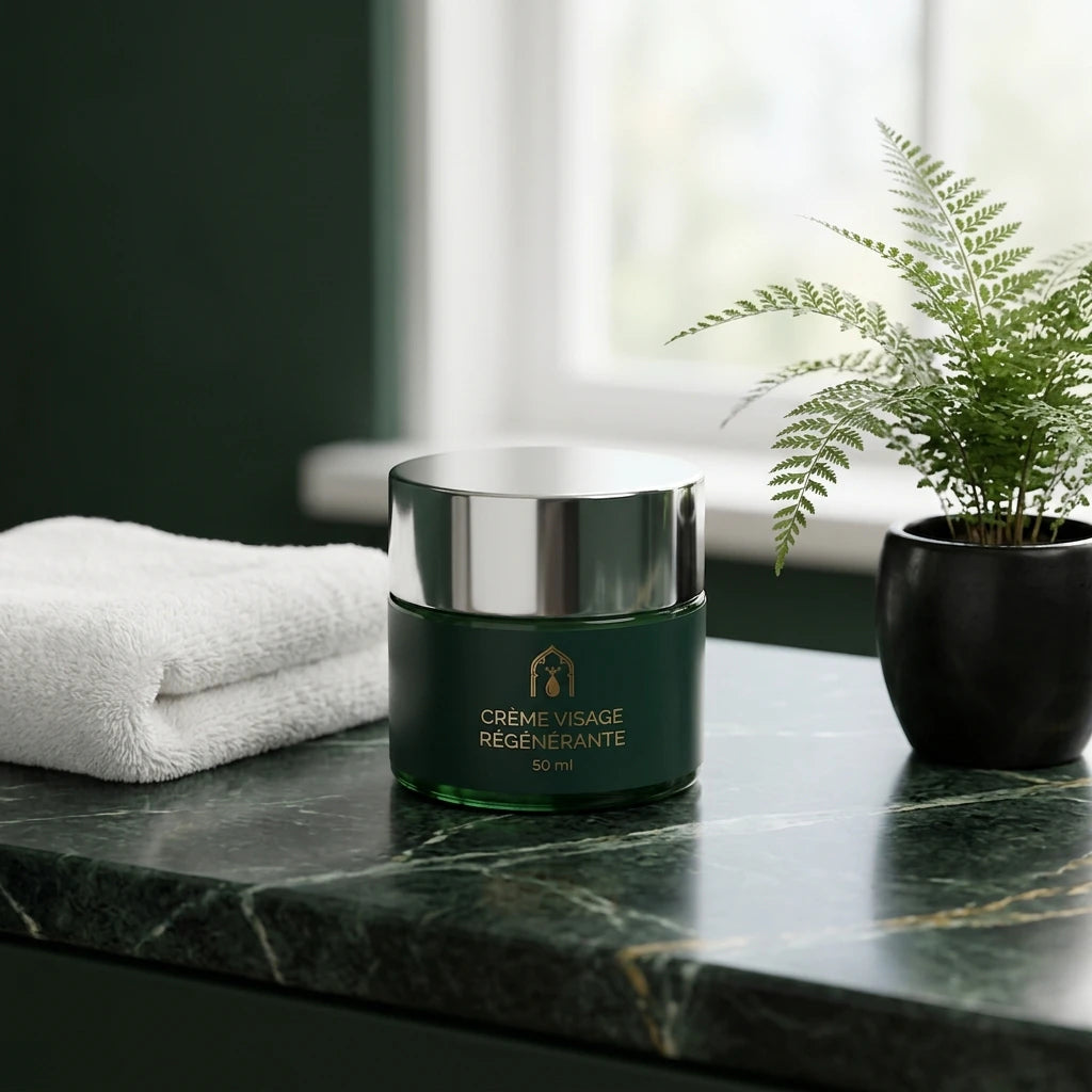 Crème visage régénérante en pot vert foncé avec couvercle argent, 50 ml.