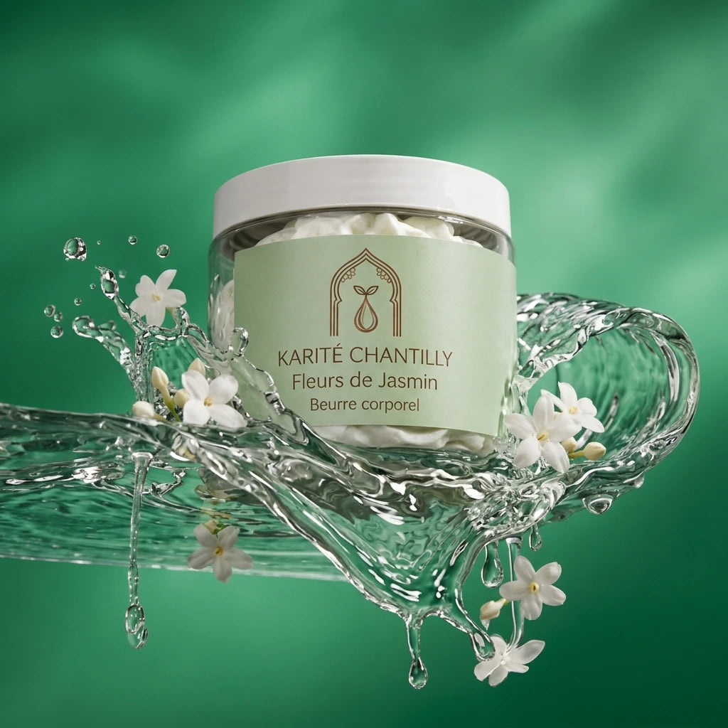 Beurre corporel au karité Fleurs de Jasmin en pot en verre, sur présentoir transparent