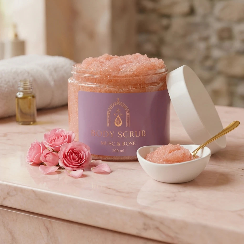 Pot de gommage corps ouvert, cuillère et bol de grains roses