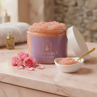 Pot de gommage corps ouvert, cuillère et bol de grains roses