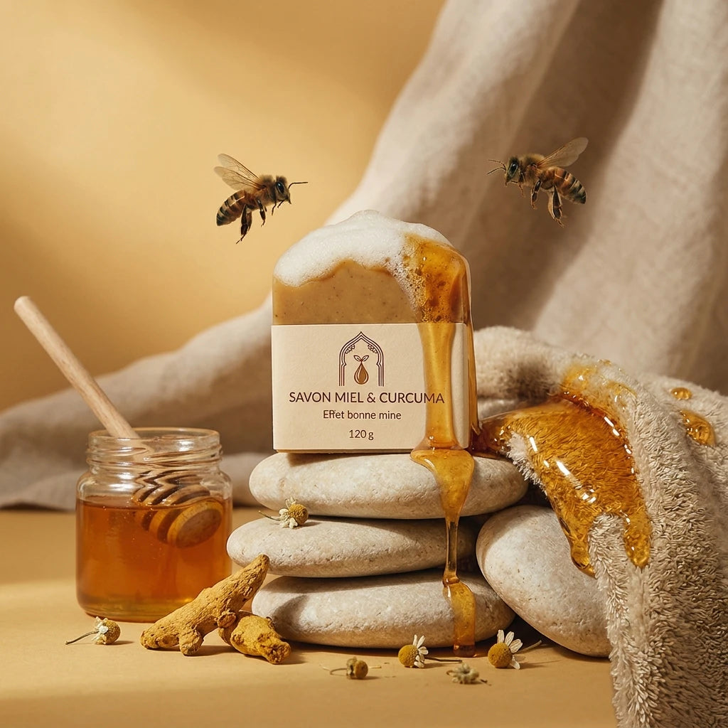 Savon miel et curcuma beige avec gouttes ambrées, abeilles en vol, accessoires visibles.