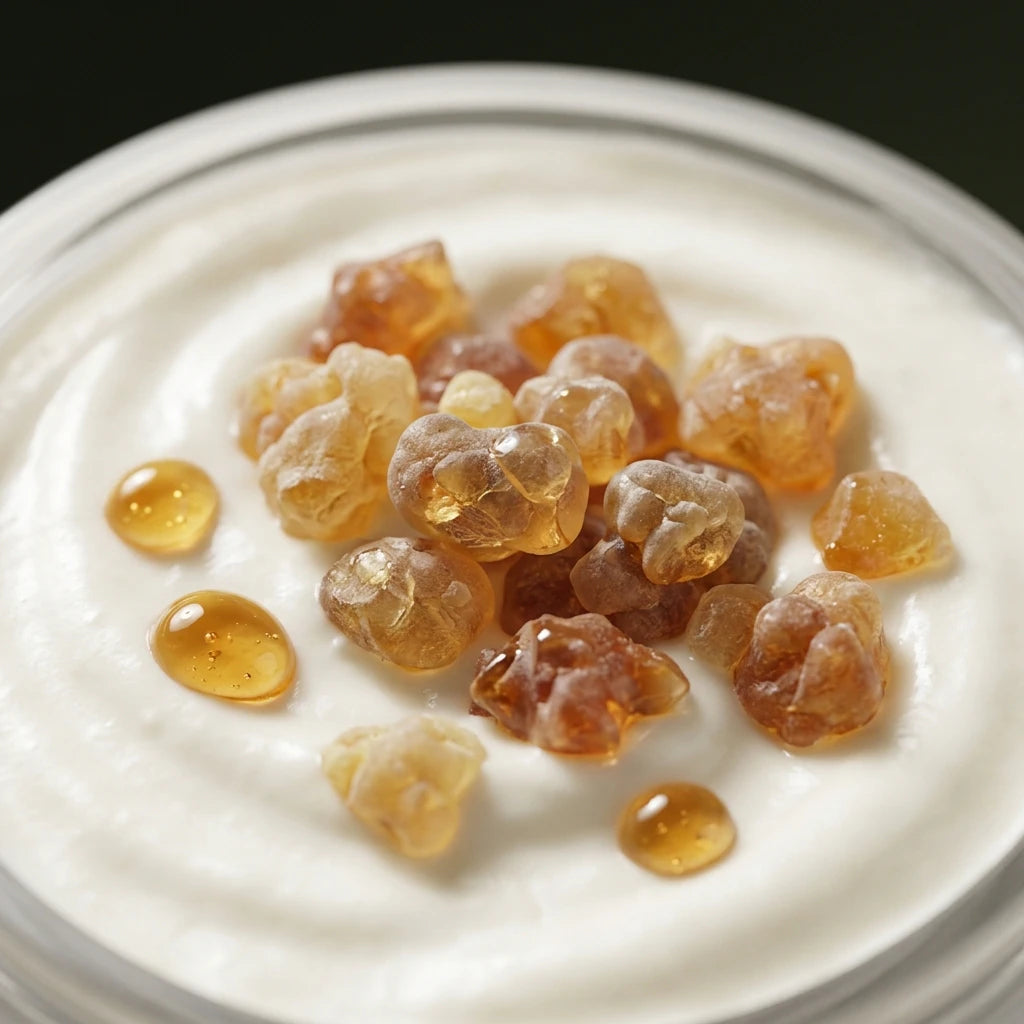 Crème blanche avec éclats de résine ambrée et petites perles dorées.