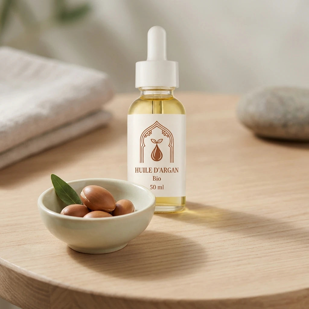 Flacon d’huile d’argan bio 50 ml avec pipette blanche, bol de noix d’argan