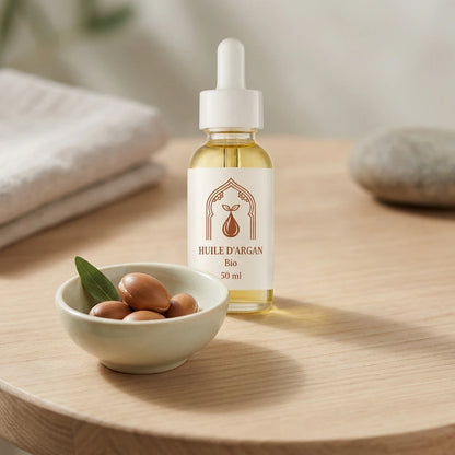 Flacon d’huile d’argan bio 50 ml avec pipette blanche, bol de noix d’argan