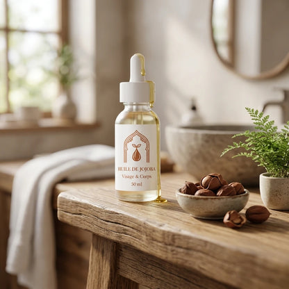 Huile de jojoba en flacon blanc avec pipette, graines de jojoba et pot au premier plan