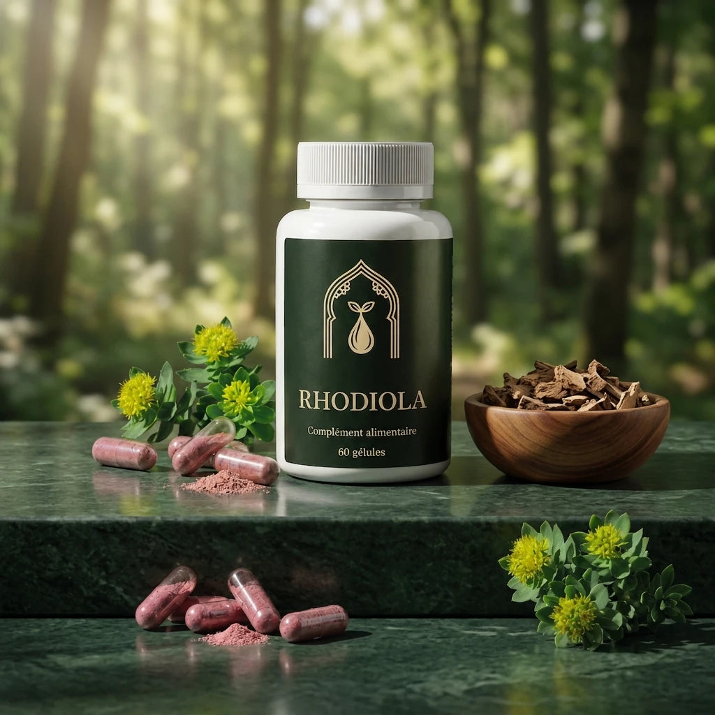 Flacon Rhodiola 60 gélules sur table, avec capsules roses et bol en bois.