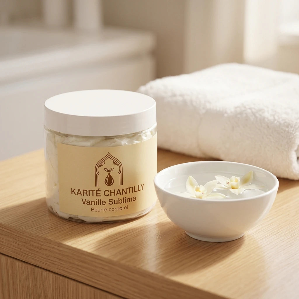 Pot de beurre corporel en verre avec bol blanc de crème, couvercle blanc