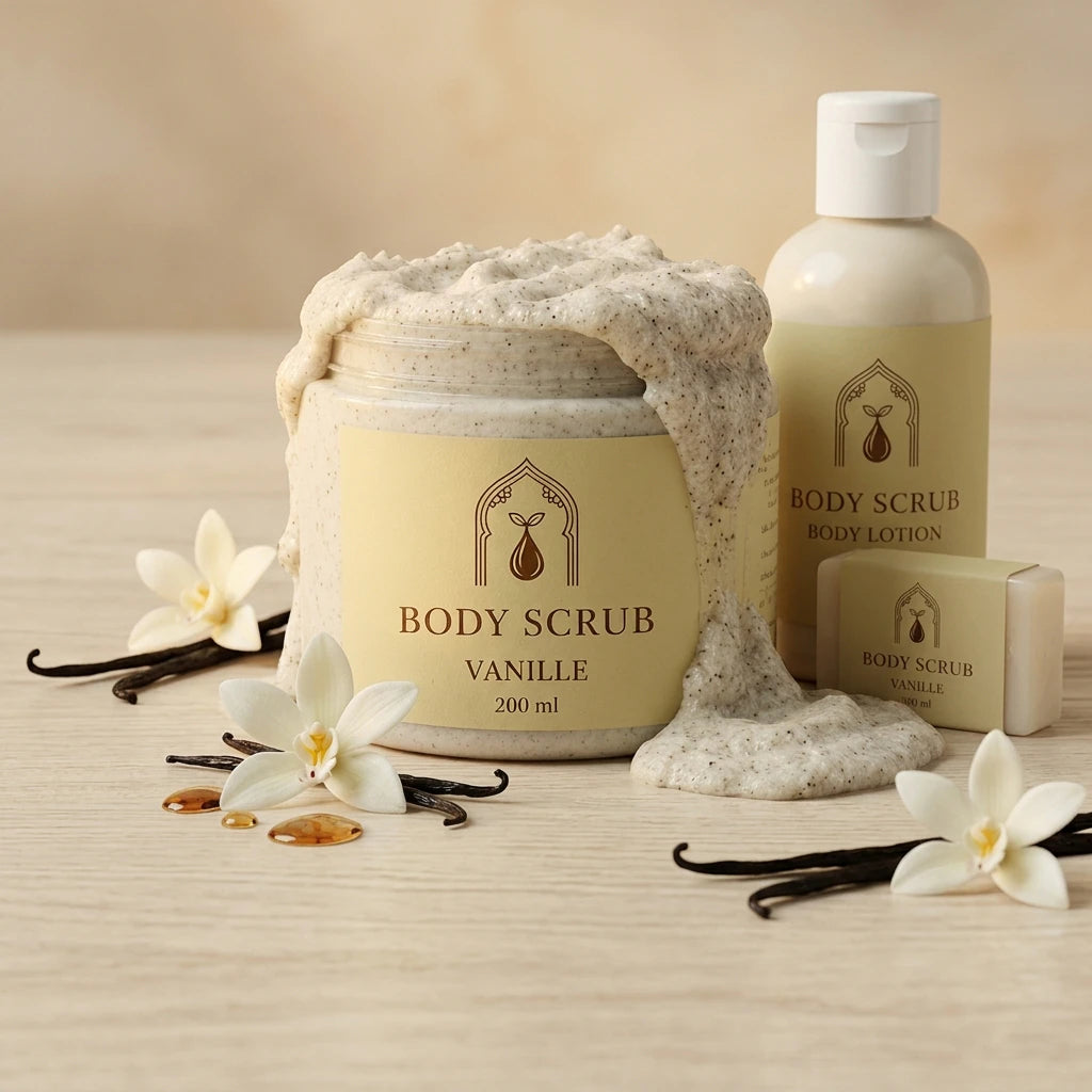 Ensemble gommage pour le corps à la vanille 200 ml avec flacon de lotion assorti.