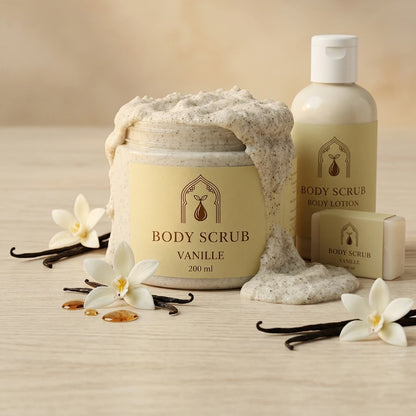 Ensemble gommage pour le corps à la vanille 200 ml avec flacon de lotion assorti.