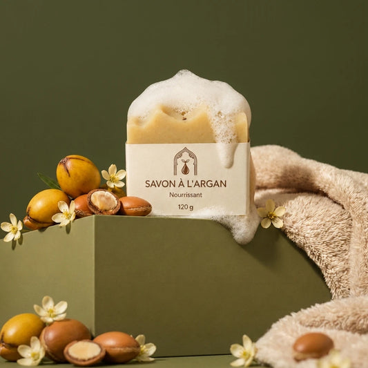 Savon solide ivoire à étiquette beige, posé sur serviette beige et décor de fleurs