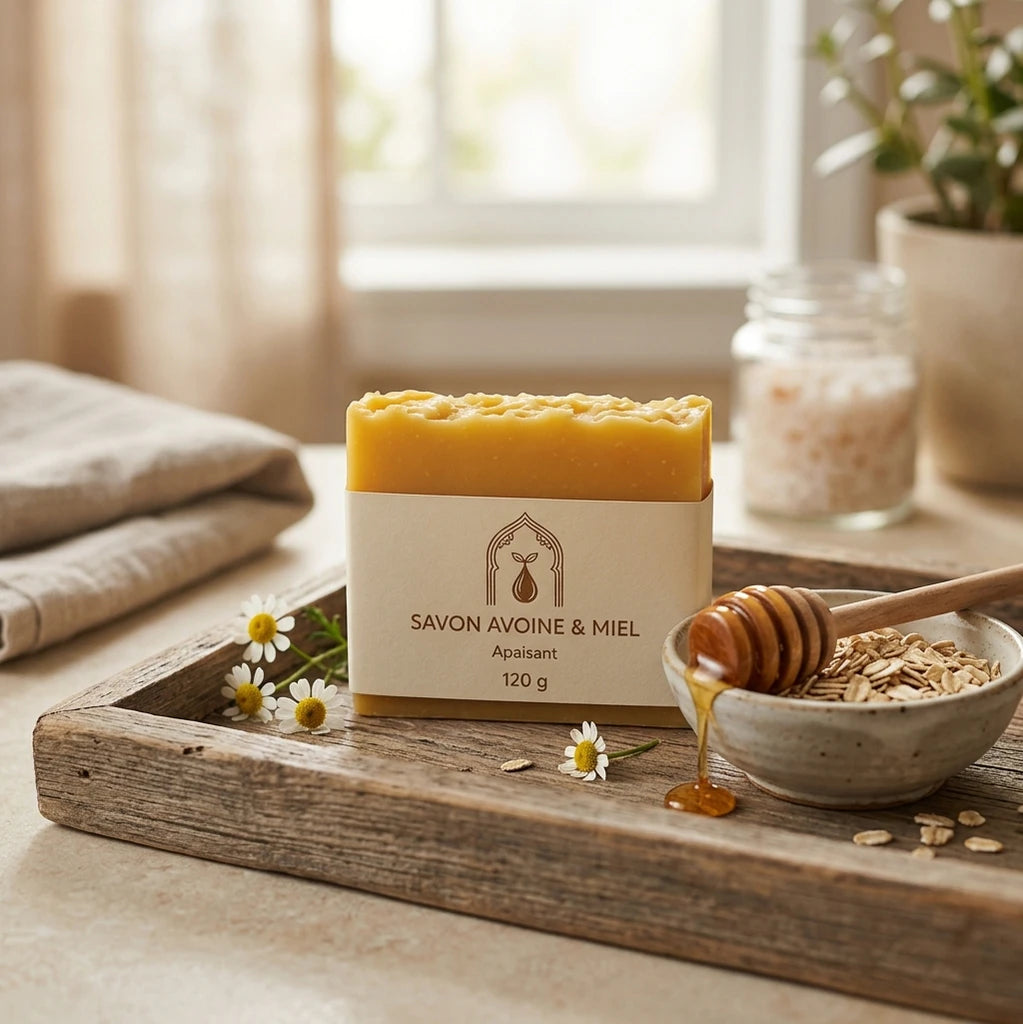 Savon solide jaune sur plateau en bois, étui blanc et pot de miel à côté