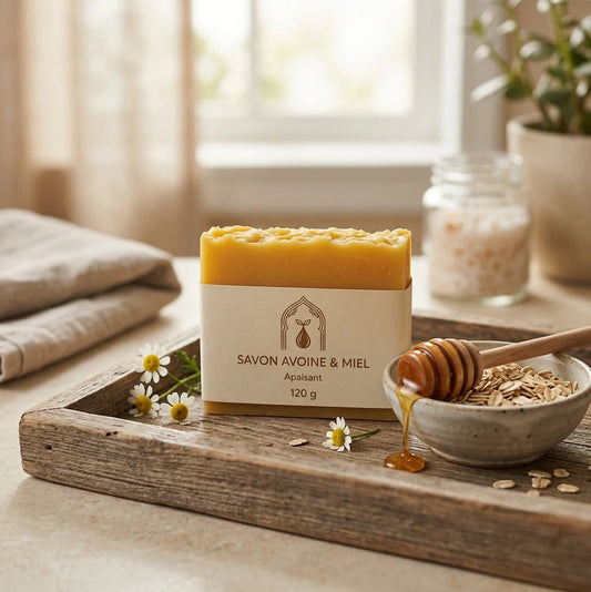Savon solide jaune sur plateau en bois, étui blanc et pot de miel à côté