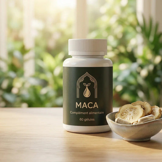 Bouteille de complément alimentaire Maca 60 gélules, avec racines en coupe et gélules