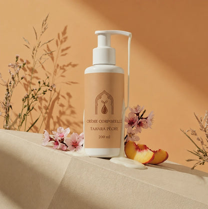 Flacon de crème pour le corps beige Tahara Pêche, pompe blanche, 200 ml