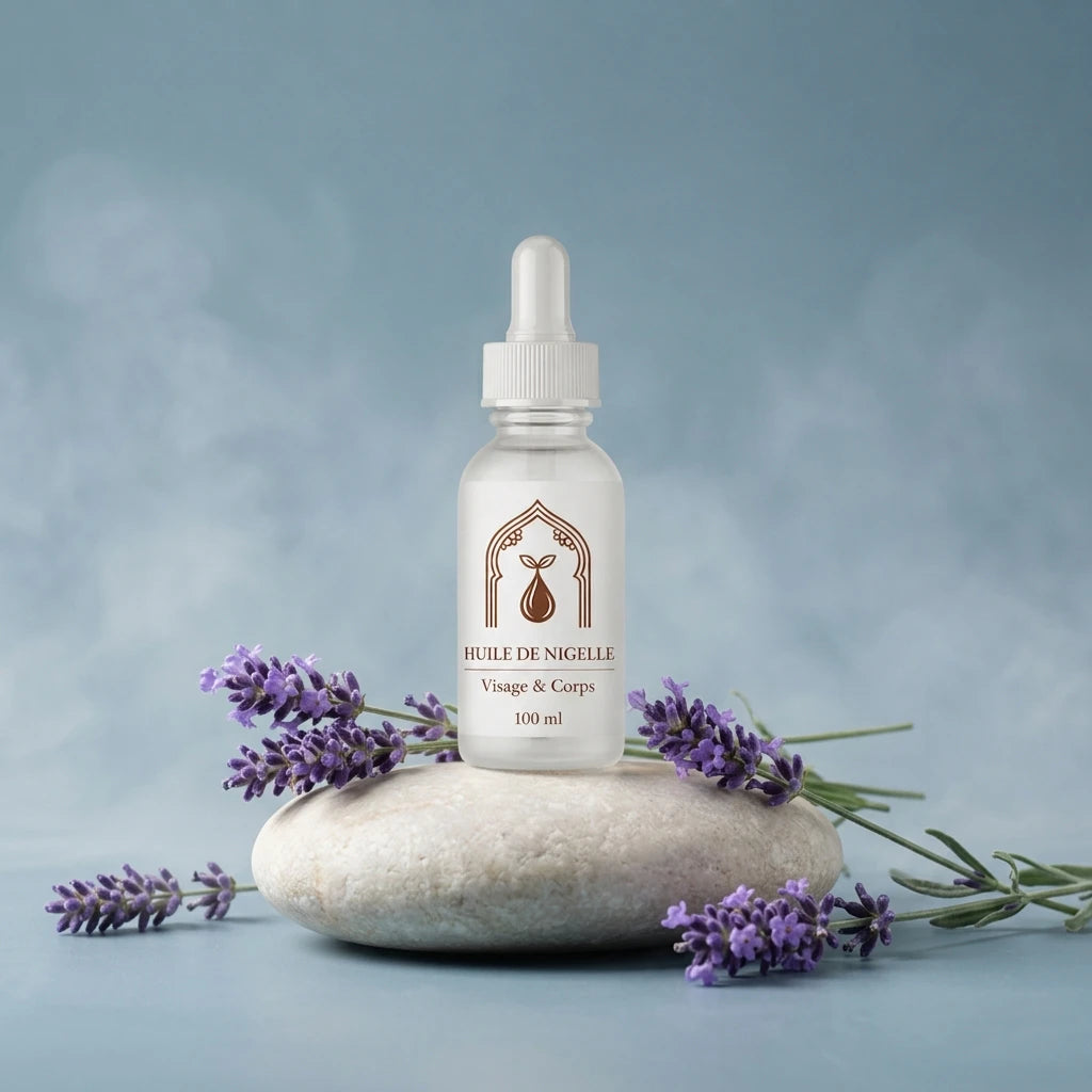 Flacon d’huile de nigelle visage et corps 100 ml, avec fleurs de lavande.