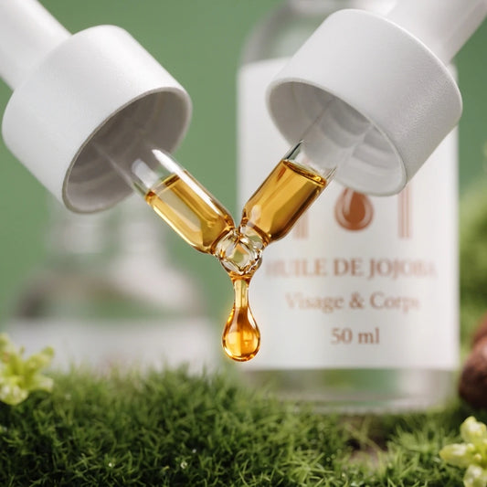 Huile de jojoba en flacon avec pipette verseuse et goutte d’huile ambrée