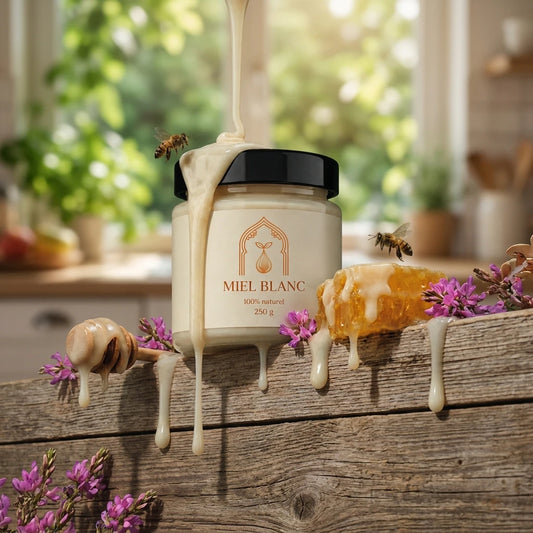 Pot de miel blanc 250 g, miel qui dégouline, fleurs violettes sur planche en bois