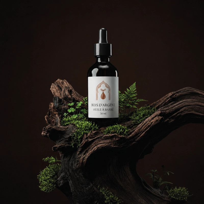 Flacon d’huile à barbe avec pipette noire, étiquette beige, sur racine